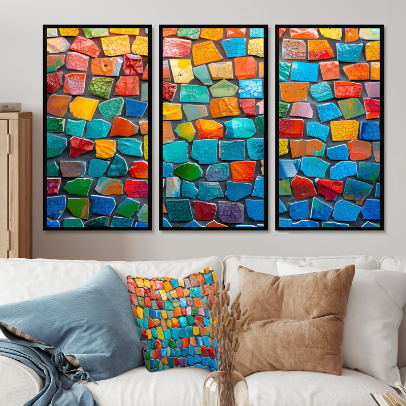 Alexei - Ensemble d'art mural mosaïque Boho, H 28 po x l 36 po x P 1 po, Toile avec cadre flottant noir