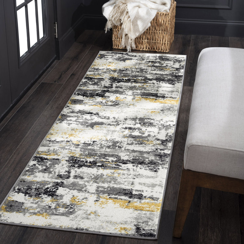Tapis abstrait gris / noir Moises, Tapis de couloir 2 pi 3 po x 7 pi 3 po