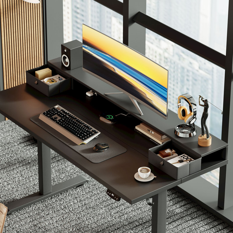 Electric Standing Desk With Drawers,Home Office Height Adjustable  Desk with Large Monitor Shelf, Black/Black