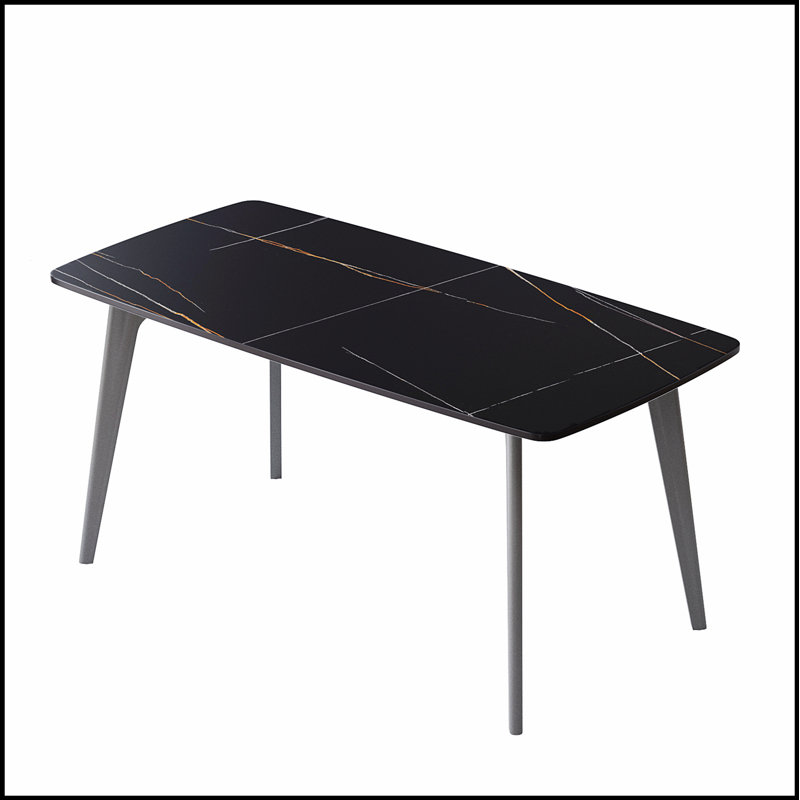 Table de salle à manger moderne en pierre artificielle avec bord incurvé et pieds en métal gris foncé pouvant accueillir 6 personnes pour des repas élégants