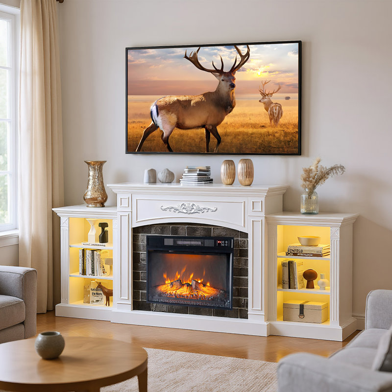 Meuble télé 80 po Farmhouse pour téléviseur de 80 po ou moins avec foyer électrique et tablettes réglables