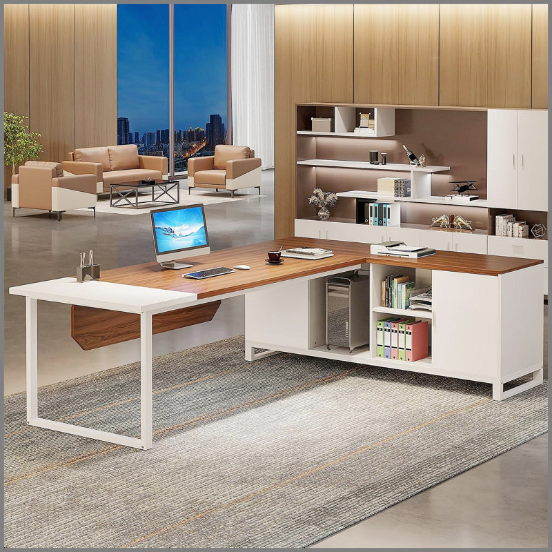 Bureau de direction en L de 70,8 pouces avec classeur de 55 pouces, grand bureau d'ordinateur avec rangement et tablettes, solution de bureau à domicile moderne, noyer et blanc