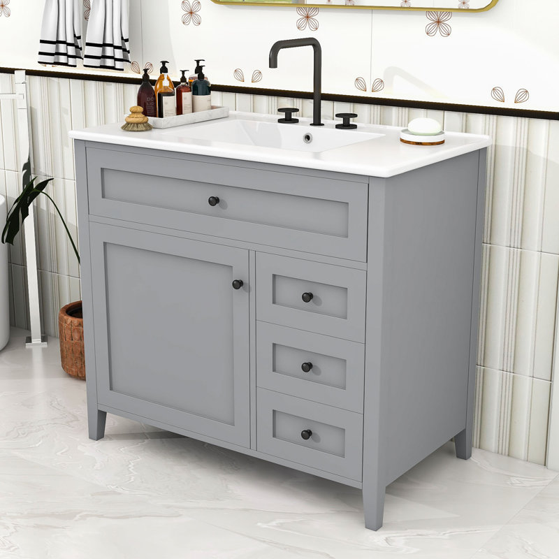 Meuble-lavabo en bois avec lavabo, 3 tiroirs, tablette et portes, Gray, 36"