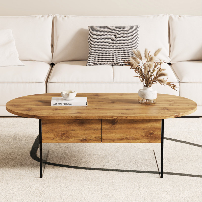 Natural Oval Double Drawer Coffee Table - 43.3"X23.6" Multi-Functional Design.Coffee Table With Double Drawers. The Board Surface Is MDF Sticker