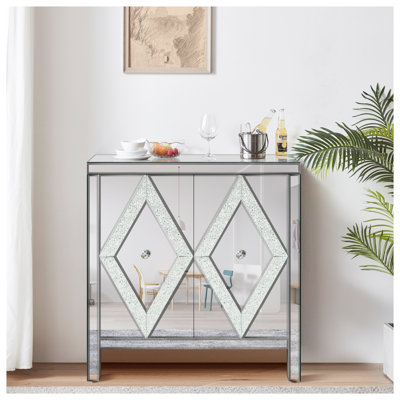 Armoire d'appoint à miroir argenté avec design en cristal de diamant - Console de rangement moderne pour le salon, la salle à manger et le vestibule