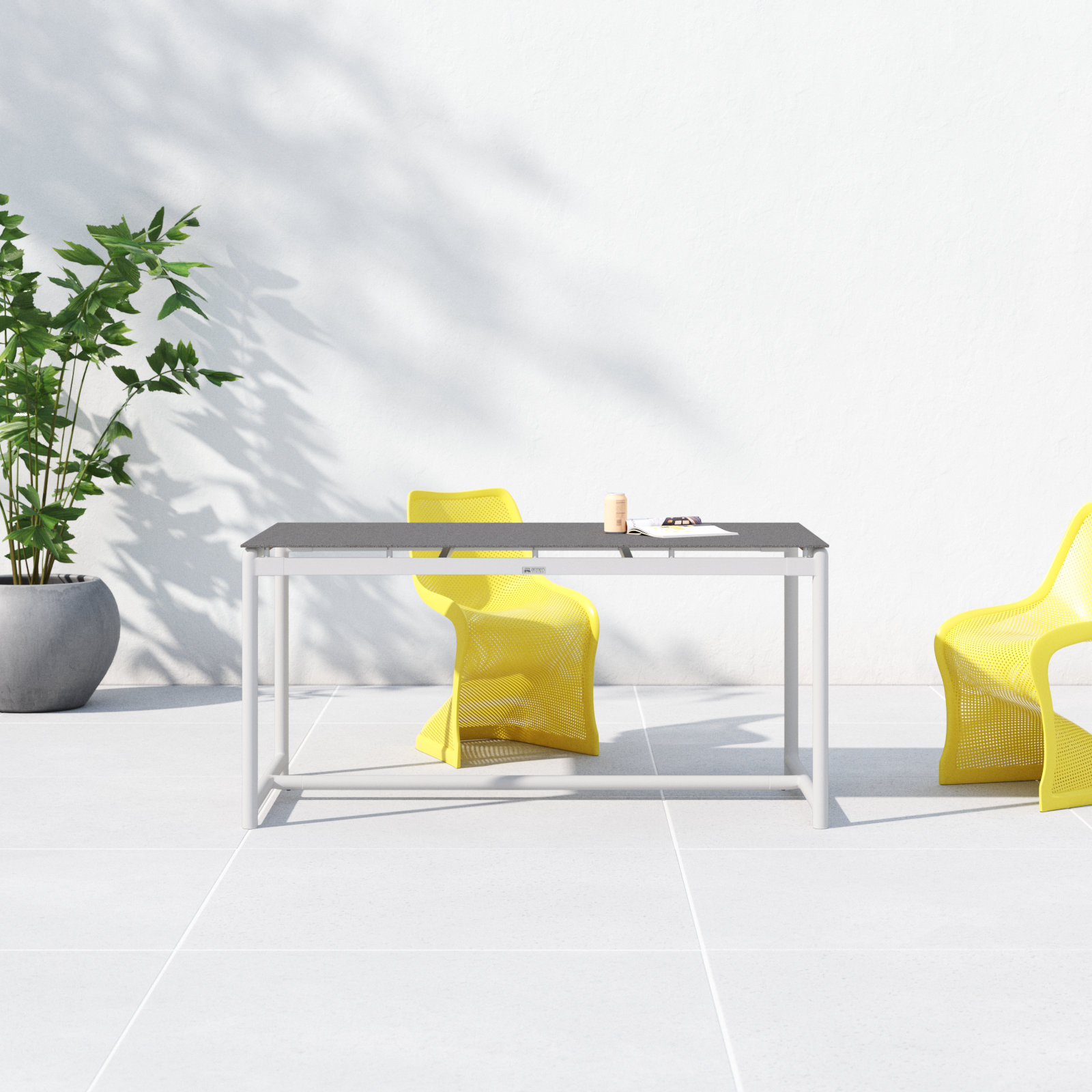 Campblin Outdoor Dining Table in Aluminum and Teak with Stone Top, White
