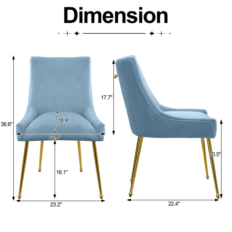 Velvet Upholstered Dining Chairs With Gold Pull Handle, Light Blue