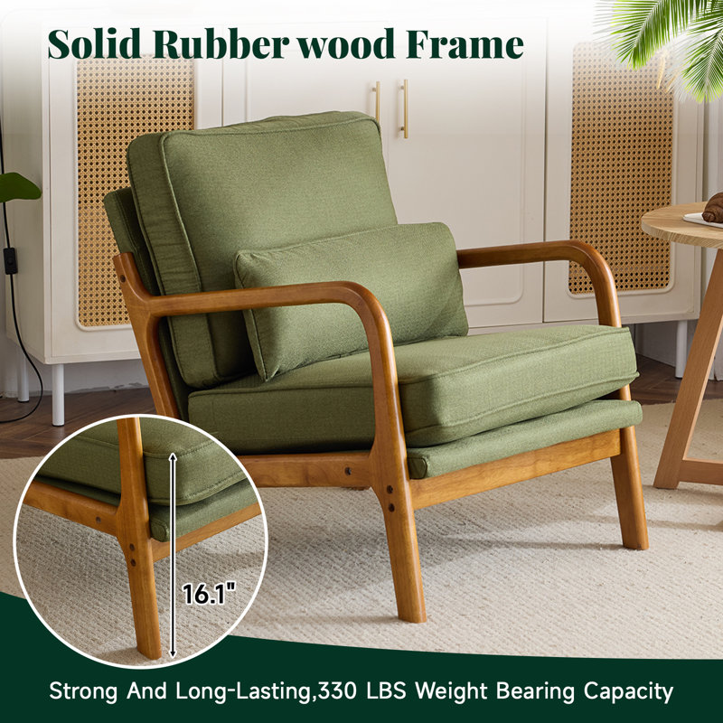 Fauteuil d'appoint rembourré en bois massif Lemley Mid Century, Mélange de lin vert