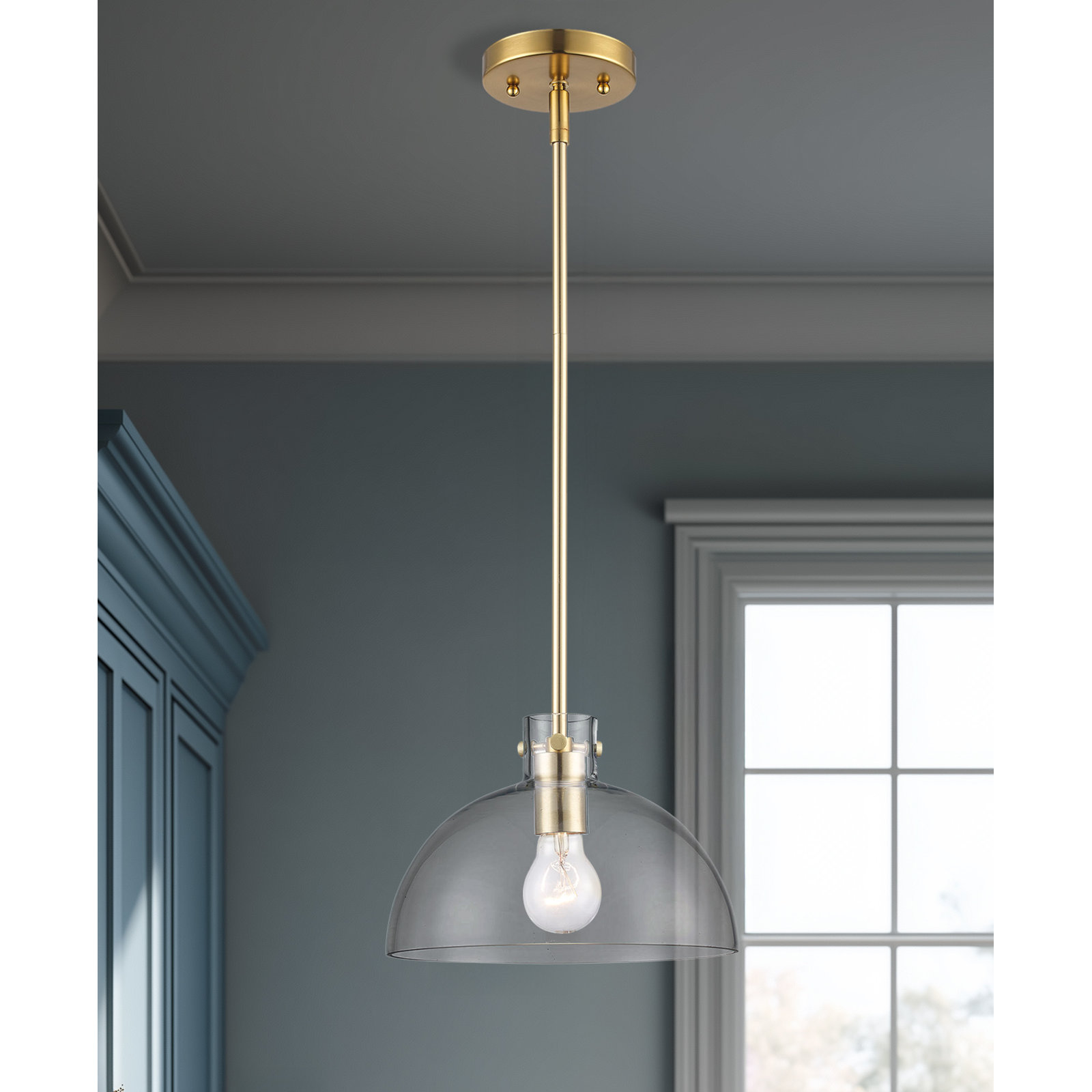 Martins Dimmable Glass Single Light Pendant, 44.8" H x 10" W x 10" D, Antique Gold