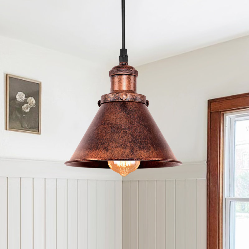 1-Light Rustic Distressed Metal Conical Pendant Light with Rolled Rim 