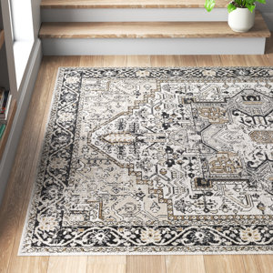 Haughton Machine Washable Oriental Black/Taupe Area Rug