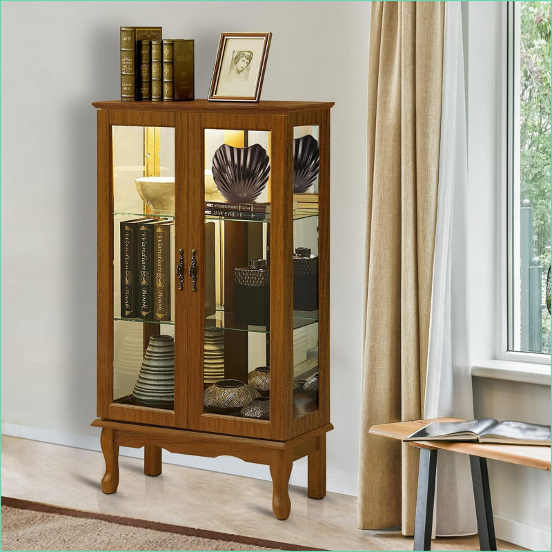 Cabinets Lighted Curio Cabinet, Walnut Brown, Solid &amp; Composite Wood, Mirrored Back, Adjustable Shelves | Traditional | Living Room
