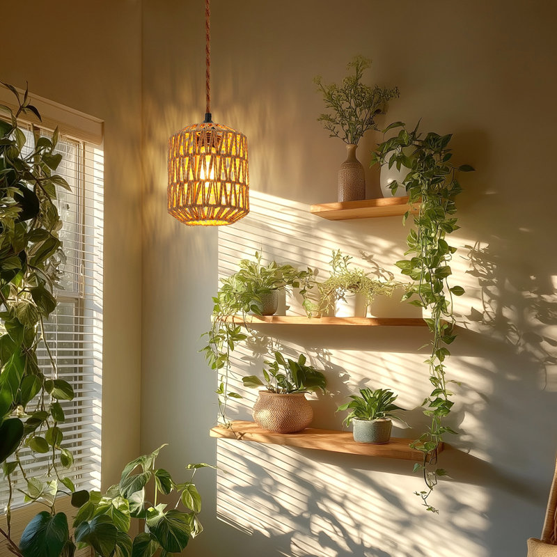15ft 1-Light Plug in Pendant Light Natural Rattan Single Light with Hemp Rope for Farmhouse Living Room