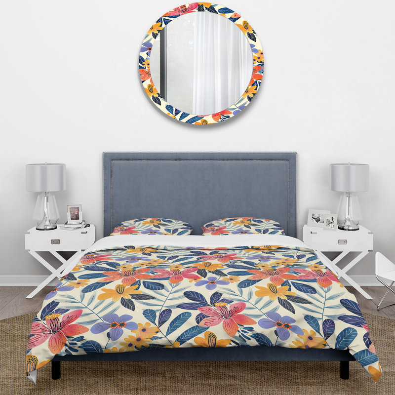 Ensemble de housse de couette rose, jaune, fleurs tropicales Midcentury, Housse de couette très grand et 2 très grandes t
