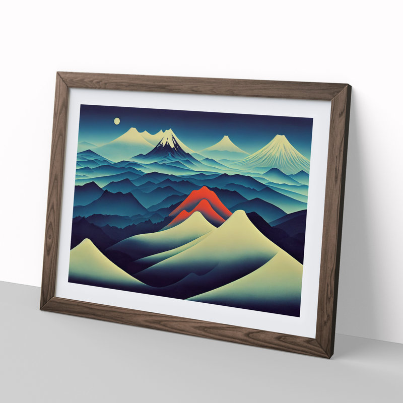 XH1022-7624X Sculptured Japanese Mountains - Single Picture Frame Painting, 25cm H x 34cm W x 2cm D, Walnut 