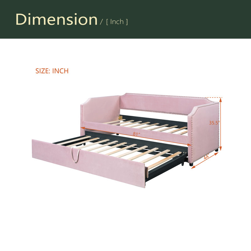 Twin Size Velvet Upholstered Daybed With Pop Up Trundle, Pink