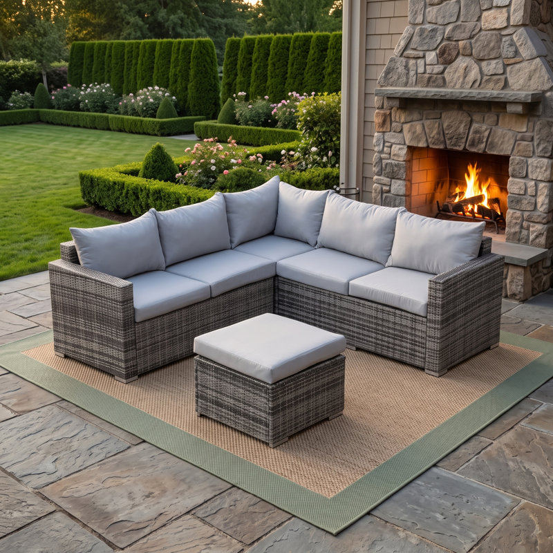 Ensemble modulaire de meubles de patio en osier, ensemble de conversation modulaire en L en rotin PE toutes saisons avec repose-pieds et coussins lavables, canapé d'angle pour terrasse de jardin, rotin gris