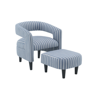 Fauteuil d'appoint à fines rayures côtières de 66 cm x 66 cm, en bois massif, monobloc, avec repose-pieds, design incurvé blanc et bleu.
