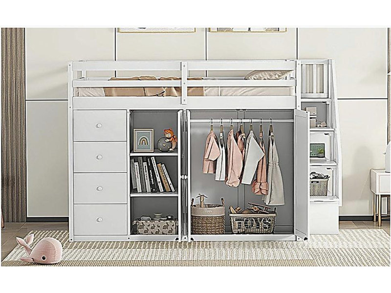 Lit mezzanine double en bois avec placard intégré, armoire et tiroirs, blanc, Blanc