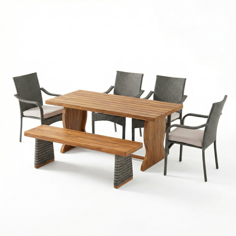 Ensemble repas 6 pièces en bois d'acacia avec chaises et coussins empilables en osier Hapeville