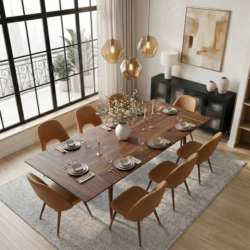 Ensemble de table de salle à manger extensible 9 pièces avec chaises d'appoint en similicuir, Brun