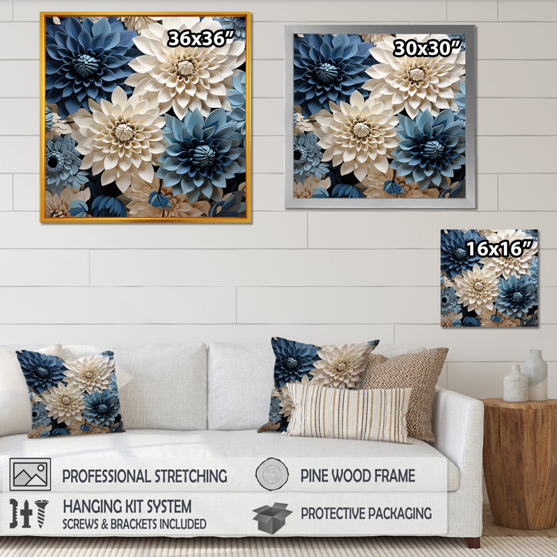 Symphonie blanche et bleue sur toile, H 16 po x l 16 po x P 1 po, Toile tendue