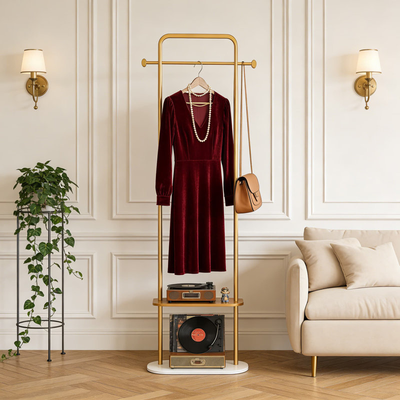 Portant à vêtements autoportant avec tablettes en métal et base en marbre, organisateur de porte-vêtements peu encombrant
