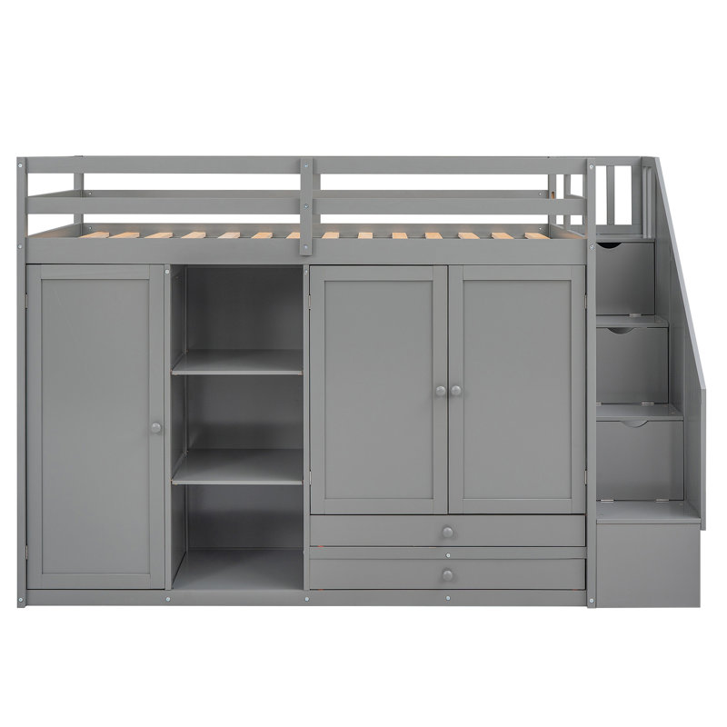 Lit mezzanine fonctionnel avec 3 tablettes, 2 armoires et 2 tiroirs, échelle avec rangement, aucun sommier nécessaire, Gris