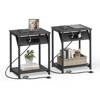 End Table With Charging Station Set Of 2, Small Side Table With Outlets And USB Ports, Nightstand With Storage Shelf For Living Room And Bedroom