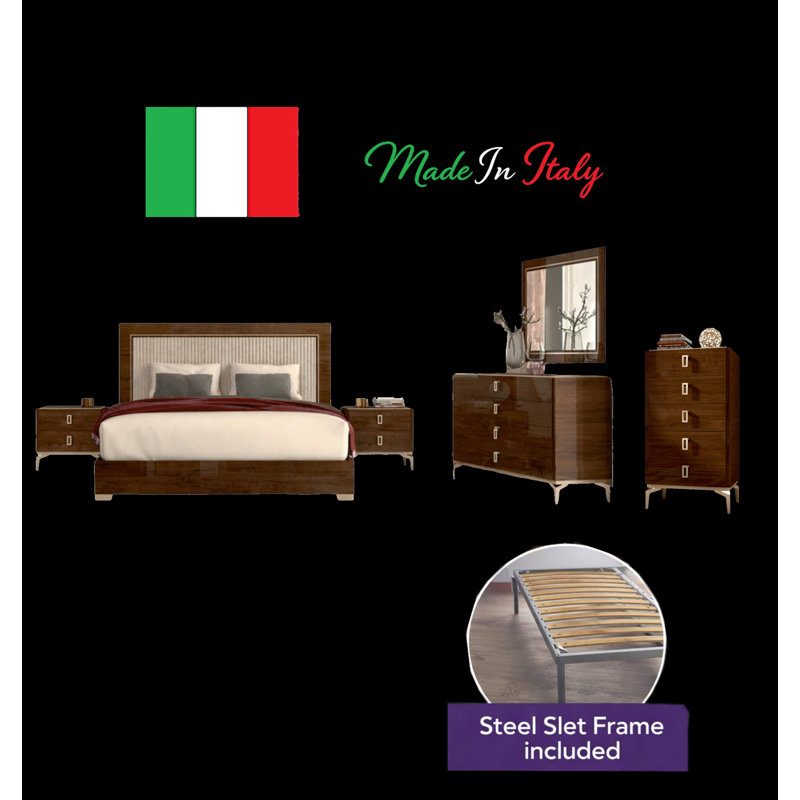 Springville Valencia Bedroom Set With Camel Frame, Queen, 6 Pcs: Bed, 2 Dressers, Mirror, 2 Nightstands