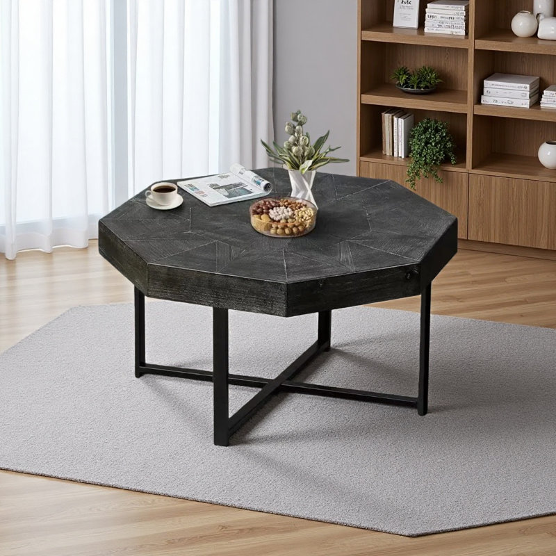 Table basse en bois à motif de patchwork rétro, Noir antique