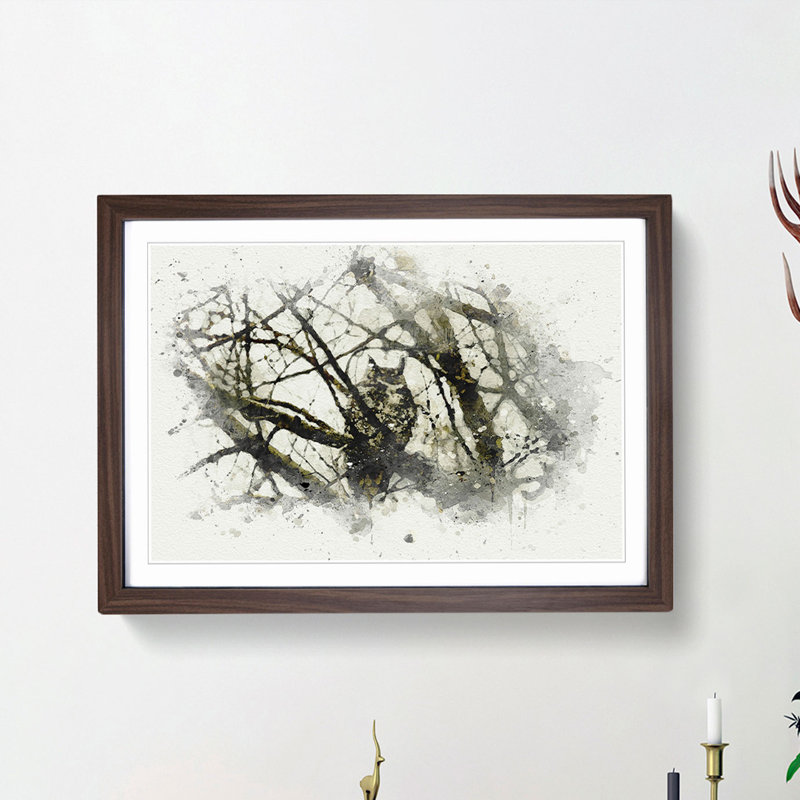 Great Horned Owl Resting in Abstract - Picture Frame Graphic Art Print, 27cm H x 36cm W x 2cm D, Walnut Framed