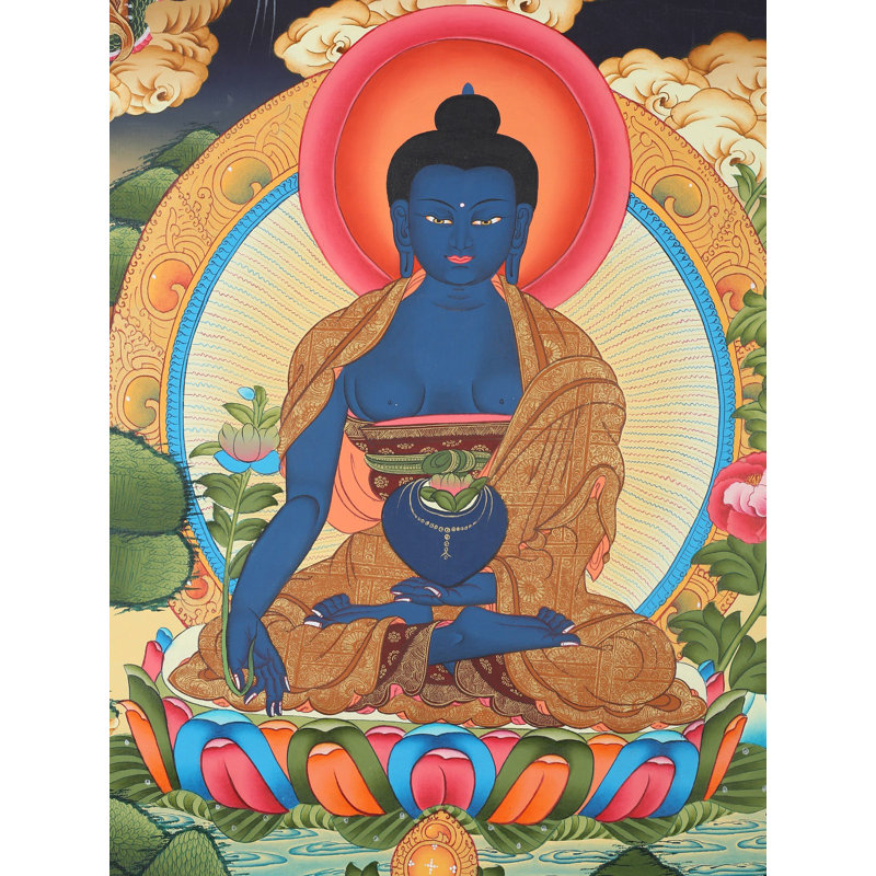 Bouddha de la médecine tibétaine (Thangka sans brocart) | Aquarelle sur coton
