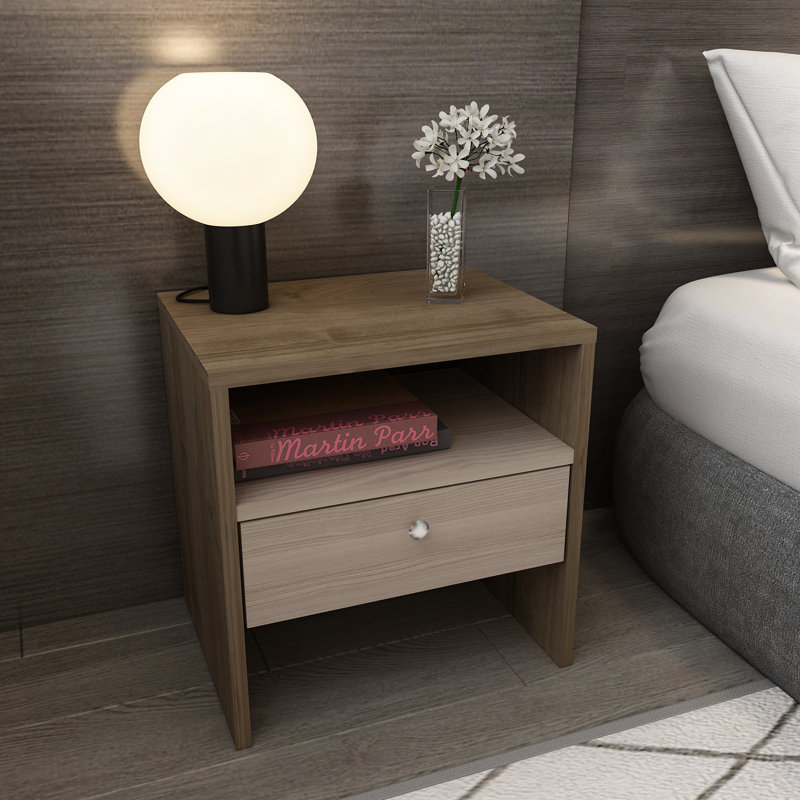 Zarae 1 Drawer Bedside Table Nightstand, Walnut/Grey