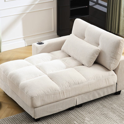 Méridienne confortable en velours côtelé avec accoudoirs et rangement réglables, porte-gobelet et commodités fonctionnelles