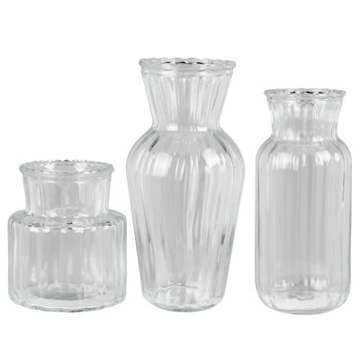 Fluted And Frilled Vases, Glass - Set/3  Sm: 3X3x3.05, Med: 2.25X5.25, Lrg: 3X3x6