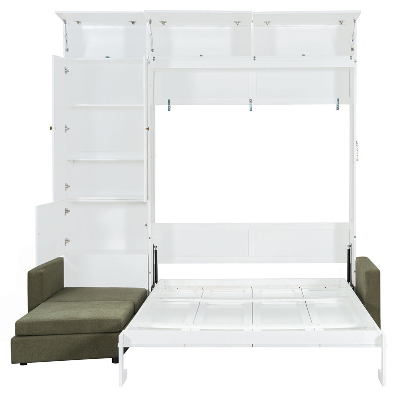 Grand lit escamotable mural avec canapé et tablettes, Blanc / Vert