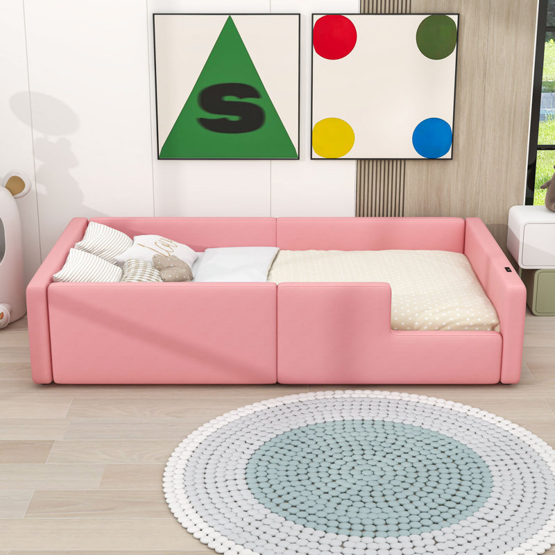 Twin Upholstered Floor Bed With Guardrail And Charging Station