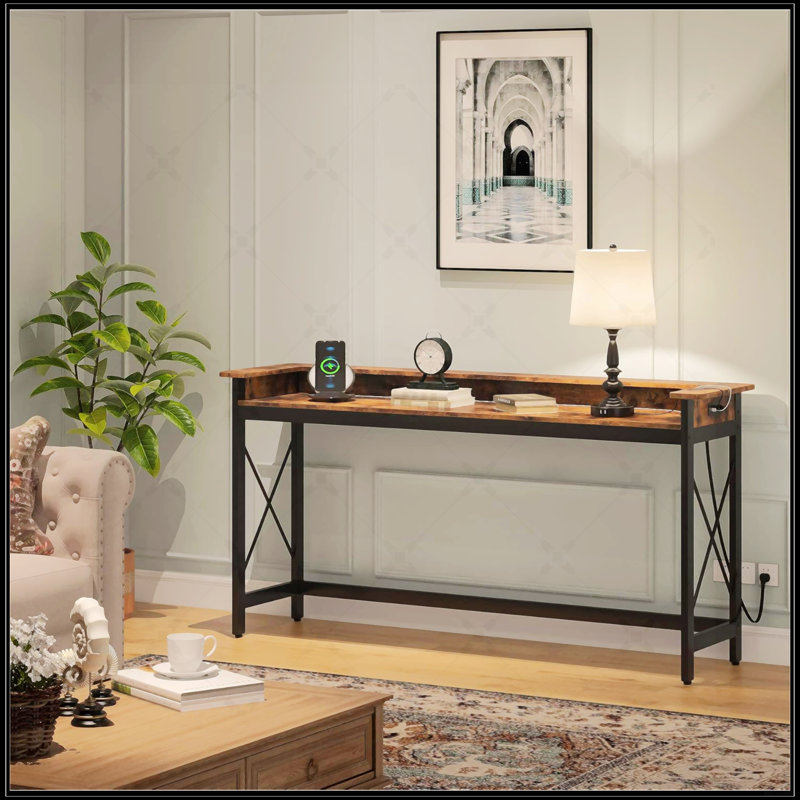 Console industrielle très longue de 70,9 pouces avec prises de courant, ports USB et finition brun rustique pour le salon et le vestibule