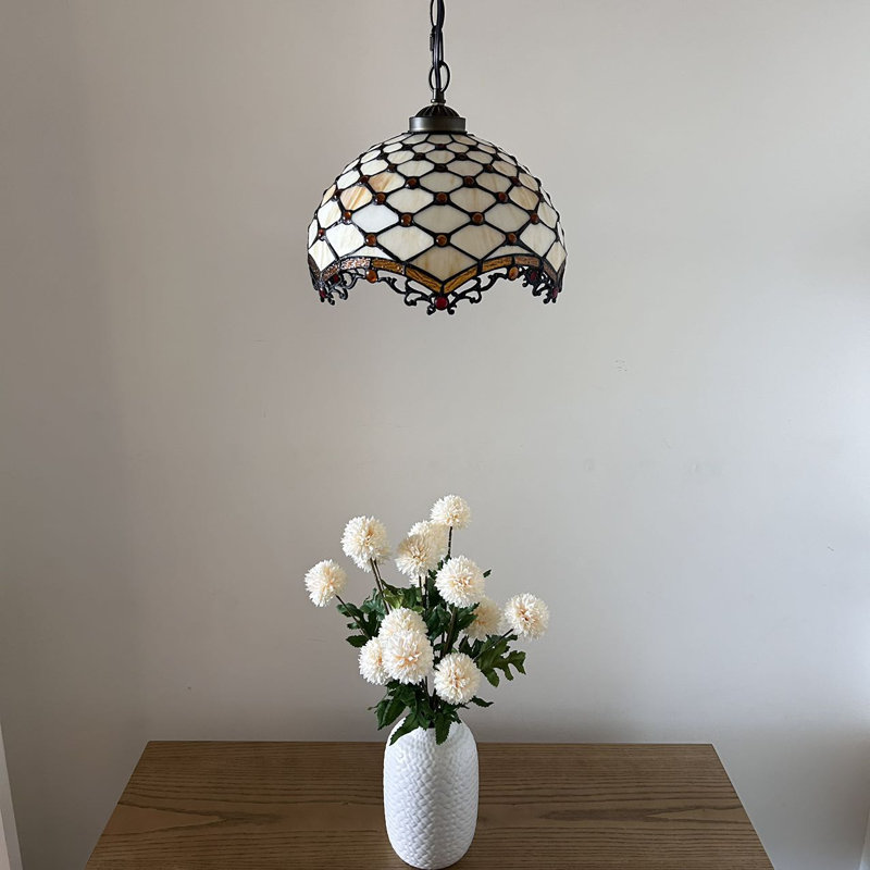 Beige Stained Glass Crystal Bronze Pendant Light with LED Bulb