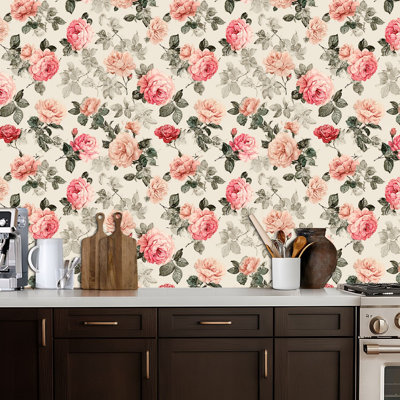 Papier peint auto-adhésif amovible, aquarelle, roses roses, feuilles vertes, feuilles de contact beige, papier peint autocollant amovible pour armoires de cuisine de chambre à coucher