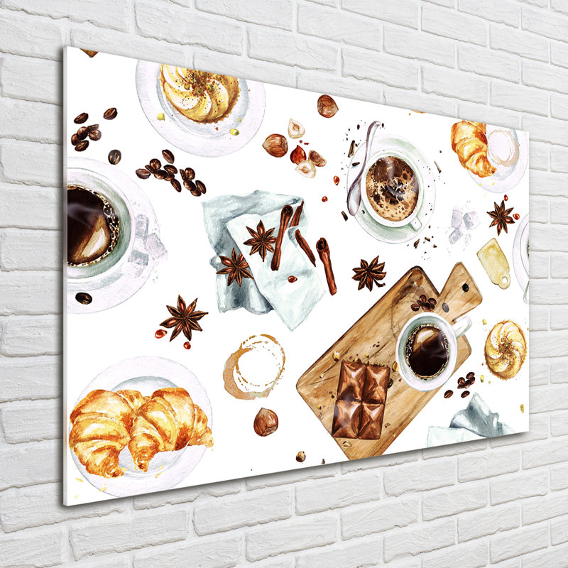 Glass Print Wall Art 100X70cm Image Printed On Glass Decorative Wall Picture Behind Toughened / Tempered Safety Real Glass For Kitchen & Living Room Theme:Morning Coffee