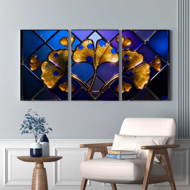 Ensemble de 3 tableaux muraux sur toile à motif de feuilles de ginkgo, style vitrail, H 36 po x l 72 po