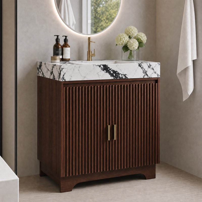 Meuble-lavabo autoportant de 30 po avec plateau en pierre frittée et lavabo en céramique, meuble-lavabo moderne avec portes cannelées verticales et poignées dorées