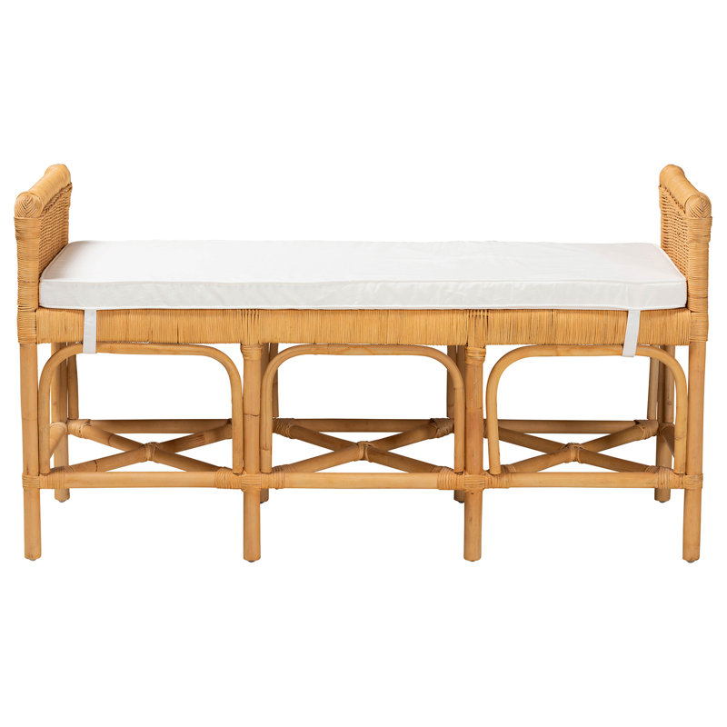 Banc moderne de style bohème moderne, bordures surélevées, une tablette ouverte, coussin rembourré en tissu rembourré en mousse amovible, ornements tissés, brun et blanc, largeur 48 po, profondeur 17,5 po, hauteur 26 po, style 23 lb