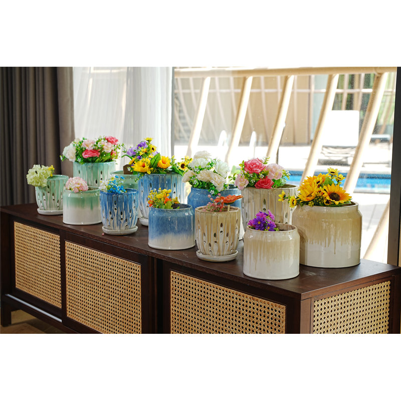 Set of 2 Gradient Ceramic Flowerpots, Modern Planters for Patio, Garden, and Windowsill, Brown/White