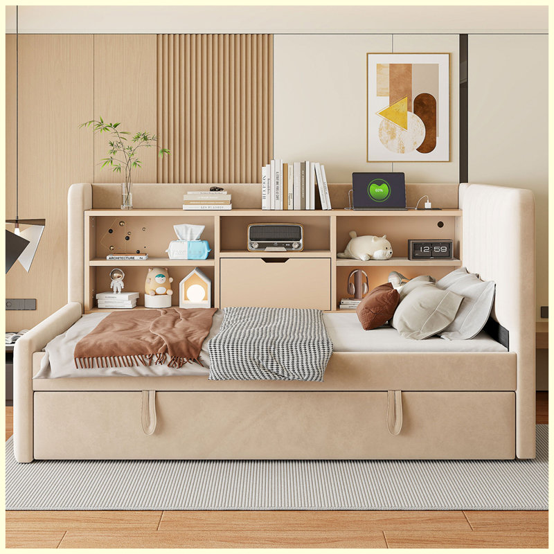 Modern Upholstered Daybed with Trundle, Storage Shelves, USB & Outlet, Beige
