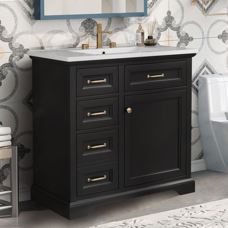 Meuble-lavabo sur pied 36 po avec lavabo en céramique et armoire de rangement, Noir et or