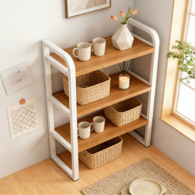 Organisateur de bureau avec cadre en métal, bibliothèque de bureau en bois à 3 niveaux pour le rangement des fournitures de bureau, support pour écran et décoration de bureau personnel
