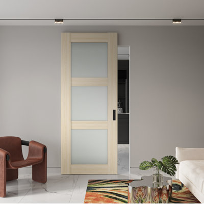 Porte de grange coulissante cachée à panneaux en bois manufacturé et en verre givré Avon 3 Lite sans panneau de base avec trousse de quincaillerie d'installation Avon